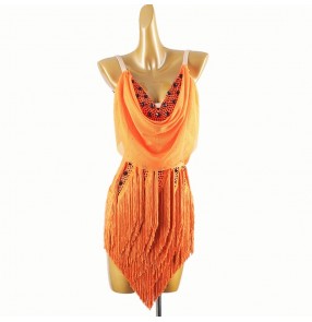 Women girls orange fringe competition latin dance dresses gemstones tassels salsa rumba samba chacha solo dancing clothing 